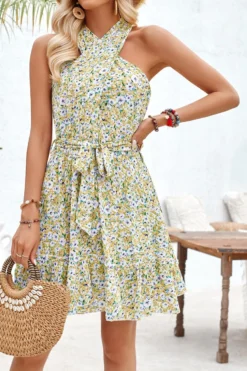 Casual Non-stretch Halterneck Knotted Batch Printing Mini Floral Dress(with Belt) Wholesale Tank & Cami Dresses