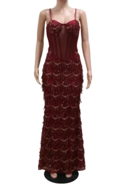 Sexy Plus Size Slight stretch Padded Mesh Sequins Tassel Sling Maxi Dress Wholesale -Plus-Size Dresses Sales Store AA019649 5