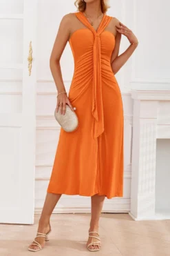 Sexy Slight Stretch 3-color Trade Ribbon Smocked Midi Dress(with Ribbon) Wholesale Tank & Cami Dresses