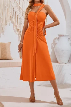 Sexy Slight Stretch 3-color Trade Ribbon Smocked Midi Dress(with Ribbon) Wholesale Tank & Cami Dresses -Plus-Size Dresses Sales Store AA019653 3