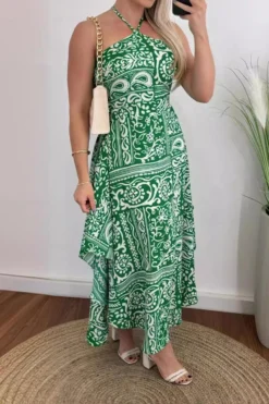 Sexy Stylish Slight Stretch Batch Printing Hollow Halterneck Midi Tank Dress Wholesale