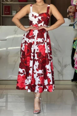 Casual Non-stretch Sling Rose Batch Printing Midi Dress Wholesale Tank & Cami Dresses