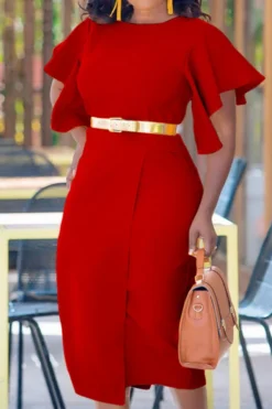 Casual Plus Size Slight Stretch 4 Colors With Belt Crew Neck Midi Dress Wholesale Plus-Size Dresses