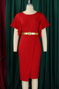 Casual Plus Size Slight Stretch 4 Colors With Belt Crew Neck Midi Dress Wholesale Plus-Size Dresses -Plus-Size Dresses Sales Store AA020103 15