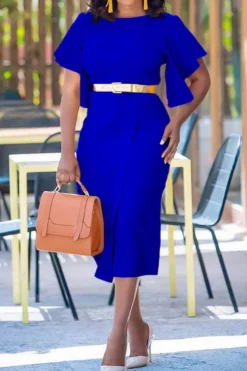 Casual Plus Size Slight Stretch 4 Colors With Belt Crew Neck Midi Dress Wholesale Plus-Size Dresses -Plus-Size Dresses Sales Store AA020103 6