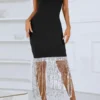 New Sexy Slight Stretch Sequins Fringe Suspender Midi Dress Wholesale Tank & Cami Dresses