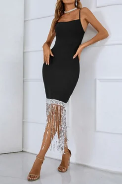 New Sexy Slight Stretch Sequins Fringe Suspender Midi Dress Wholesale Tank & Cami Dresses -Plus-Size Dresses Sales Store AA020152 3
