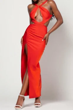 Casual Stylish Slight Stretch Solid Color Hollow Slit Suspender Maxi Dress Wholesale Tank & Cami Dresses