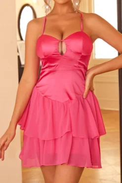 XS-L Sexy Non-stretch Satin Chiffon Stitching Padded Halter-neck Mini Dress Wholesale