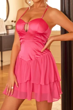 XS-L Sexy Non-stretch Satin Chiffon Stitching Padded Halter-neck Mini Dress Wholesale -Plus-Size Dresses Sales Store AA020588 5 1