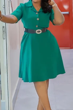 Casual Plus Size Slight Stretch 3 Colors Lapel With Belt Midi Dress Wholesale