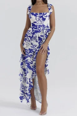 Sexy Plus Size Slight Stretch Ruffle Decor Brunch Batch Printing Maxi Dress Wholesale Tank & Cami Dresses