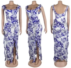 Sexy Plus Size Slight Stretch Ruffle Decor Brunch Batch Printing Maxi Dress Wholesale Tank & Cami Dresses -Plus-Size Dresses Sales Store AA020864 3