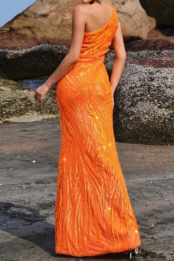 Elegant Slight Stretch Sequin One Shoulder Padded High Slit Maxi Dress Wholesale Tank & Cami Dresses -Plus-Size Dresses Sales Store AA020937 8