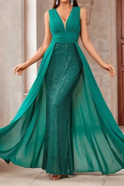 Elegant Slight Stretch Sequin V-neck Sleeveless Maxi Dress Wholesale