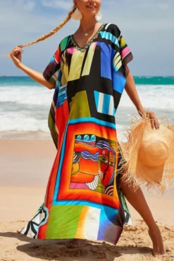 New Graphic Tropical Fixed Printing V-neck High-slit Sexy Beach Dress Cover-ups Wholesale Cover-ups