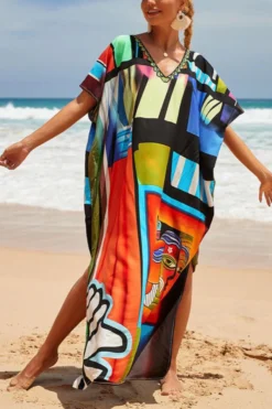 New Graphic Tropical Fixed Printing V-neck High-slit Sexy Beach Dress Cover-ups Wholesale Cover-ups -Plus-Size Dresses Sales Store BA000681 4