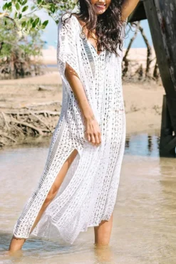 New See Through Knitted V-neck High-slit Sexy Beach Dress Cover-ups (without Lining,xs=xs/s,m=m/l Xl=xl/xxl) Wholesale Cover-ups