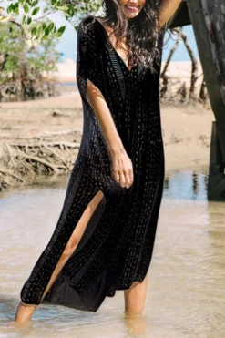 New See Through Knitted V-neck High-slit Sexy Beach Dress Cover-ups (without Lining,xs=xs/s,m=m/l Xl=xl/xxl) Wholesale Cover-ups -Plus-Size Dresses Sales Store BA002591 4