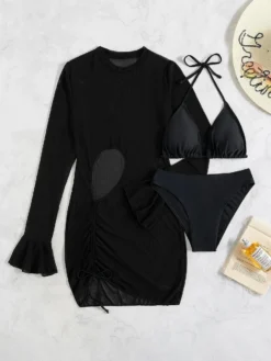 New Pure Color Padded Halter-neck Lace-up Triangle Sexy Two-piece Bikini With See Through Mesh Drawstring Dress Cover-ups Wholesale -Plus-Size Dresses Sales Store BA004187 2