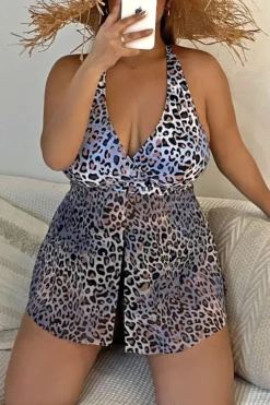 L-4XL Plus Size New Padded Leopard Batch Printing Crossed Sling Dress Style Sexy Two-piece Swimsuit Wholesale Tankini Sets