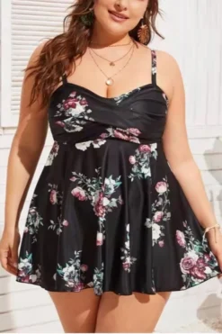 L-4XL Plus Size New Padded Flower Printing Adjustable Straps Backless Dress Style Sexy Two-piece Swimsuit Wholesale Plus-Size Swimwear