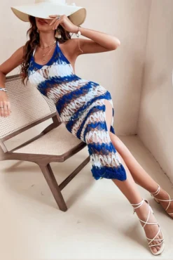 New Blue And White Stripe Knitted Hollow Sexy Beach Dress Cover-ups (without Swimwear) Wholesale -Plus-Size Dresses Sales Store BA006056 2