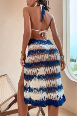 New Blue And White Stripe Knitted Hollow Sexy Beach Dress Cover-ups (without Swimwear) Wholesale -Plus-Size Dresses Sales Store BA006056 3