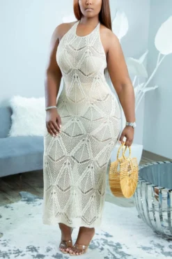 S-2XL New Plus Size 5 Colors Solid Color Hollow Out Knitted Micro-elastic Halter-neck Tied Sexy Beach Dress Cover-ups (without Lining) Wholesale