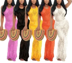 S-2XL New Plus Size 5 Colors Solid Color Hollow Out Knitted Micro-elastic Halter-neck Tied Sexy Beach Dress Cover-ups (without Lining) Wholesale -Plus-Size Dresses Sales Store BA006085 13