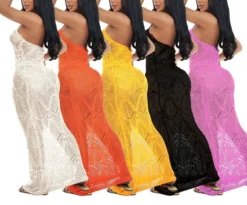 S-2XL New Plus Size 5 Colors Solid Color Hollow Out Knitted Micro-elastic Halter-neck Tied Sexy Beach Dress Cover-ups (without Lining) Wholesale -Plus-Size Dresses Sales Store BA006085 14