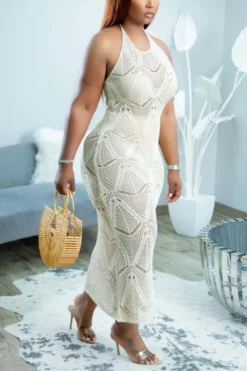 S-2XL New Plus Size 5 Colors Solid Color Hollow Out Knitted Micro-elastic Halter-neck Tied Sexy Beach Dress Cover-ups (without Lining) Wholesale -Plus-Size Dresses Sales Store BA006085 2
