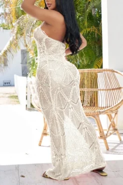 S-2XL New Plus Size 5 Colors Solid Color Hollow Out Knitted Micro-elastic Halter-neck Tied Sexy Beach Dress Cover-ups (without Lining) Wholesale -Plus-Size Dresses Sales Store BA006085 4