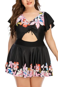 L-5XL Plus Size Butterfly Fixed Printing Padded Lace Up Hollow Crossed Sling Panties Lining Spliced Ruffle Stylish Dress Style Tankini Wholesale