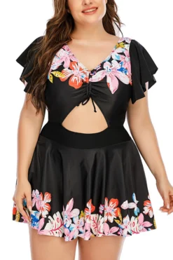 L-5XL Plus Size Butterfly Fixed Printing Padded Lace Up Hollow Crossed Sling Panties Lining Spliced Ruffle Stylish Dress Style Tankini Wholesale -Plus-Size Dresses Sales Store BA006244 1714274987271 2