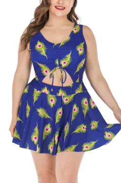 XL-5XL Plus Size New Feather Batch Printing Padded Strappy Hollow Lace Up Dress Style One-piece Swimsuit Wholesale