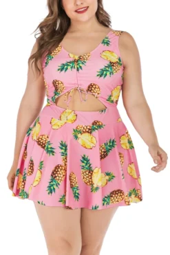 XL-5XL Plus Size New Pineapple Batch Printing Strappy Hollow Lace Up Panties Lining Spliced Stylish Dress Style One-piece Swimsuit Wholesale