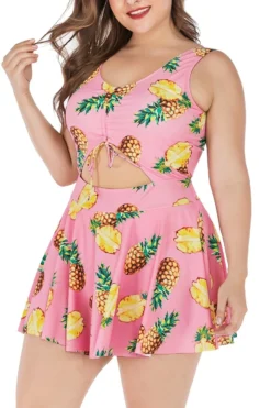 XL-5XL Plus Size New Pineapple Batch Printing Strappy Hollow Lace Up Panties Lining Spliced Stylish Dress Style One-piece Swimsuit Wholesale -Plus-Size Dresses Sales Store BA006320 3