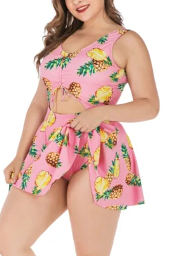 XL-5XL Plus Size New Pineapple Batch Printing Strappy Hollow Lace Up Panties Lining Spliced Stylish Dress Style One-piece Swimsuit Wholesale -Plus-Size Dresses Sales Store BA006320 4