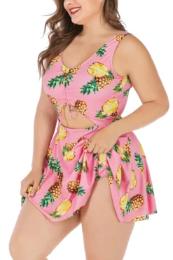 XL-5XL Plus Size New Pineapple Batch Printing Strappy Hollow Lace Up Panties Lining Spliced Stylish Dress Style One-piece Swimsuit Wholesale -Plus-Size Dresses Sales Store BA006320 5