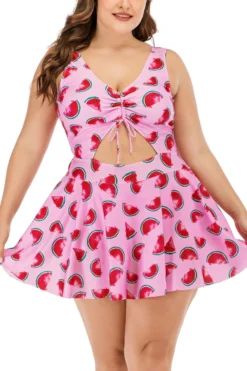 XL-5XL Plus Size New Watermelon Batch Printing Strappy Hollow Lace Up Panties Lining Spliced Stylish Dress Style One-piece Swimsuit Wholesale