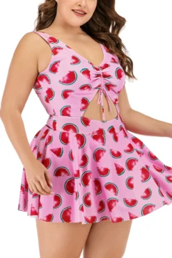 XL-5XL Plus Size New Watermelon Batch Printing Strappy Hollow Lace Up Panties Lining Spliced Stylish Dress Style One-piece Swimsuit Wholesale -Plus-Size Dresses Sales Store BA006321 4