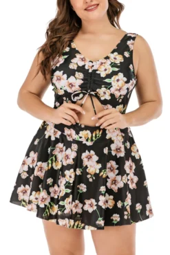 XL-5XL Plus Size New Floral Batch Printing Strappy Hollow Lace Up Panties Lining Spliced Stylish Dress Style One-piece Swimsuit Wholesale