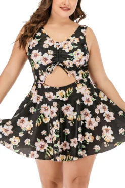 XL-5XL Plus Size New Floral Batch Printing Strappy Hollow Lace Up Panties Lining Spliced Stylish Dress Style One-piece Swimsuit Wholesale -Plus-Size Dresses Sales Store BA006323 2