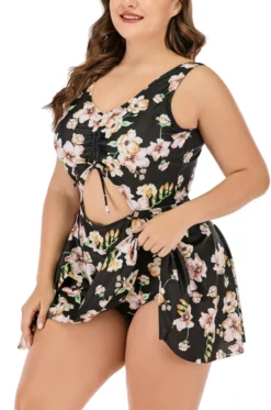 XL-5XL Plus Size New Floral Batch Printing Strappy Hollow Lace Up Panties Lining Spliced Stylish Dress Style One-piece Swimsuit Wholesale -Plus-Size Dresses Sales Store BA006323 4