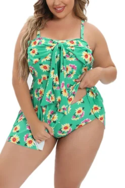 Plus Size Daisy Leaf Printing Padded Bow-knot Dress Style Sweet Tankini Set Wholesale -Plus-Size Dresses Sales Store BA008087 1714441467902 14