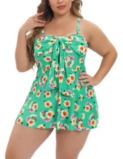 Plus Size Daisy Leaf Printing Padded Bow-knot Dress Style Sweet Tankini Set Wholesale