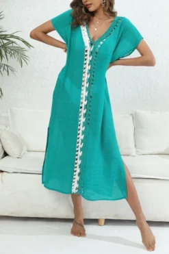 Sexy Color-block Crochet Stitching V-neck Beach Dress Cover-up(only Cover-up) Wholesale