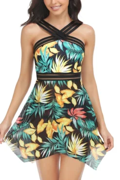 Mom Parent-child Mesh Spliced Leaf Printing Padded Dress Style Tankini Set Wholesale Matching Swimwear