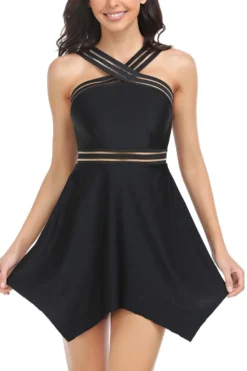 Mom Parent-child Mesh Spliced Padded Crossed Design Dress Style Tankini Set Wholesale